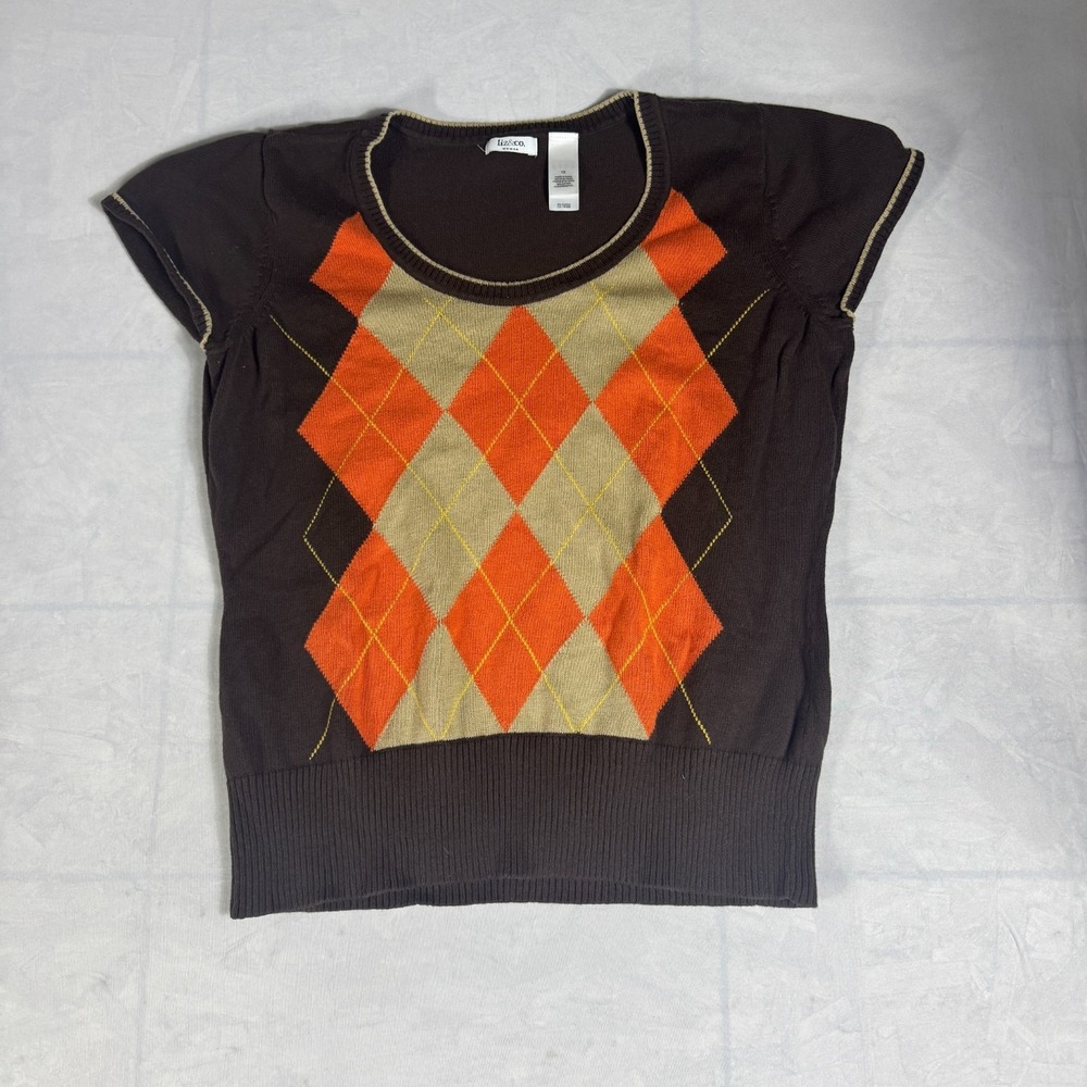Liz & Co. Womens‎ Sweater Brown Orange Argyle Diamond Short Cap Sleeve 1X